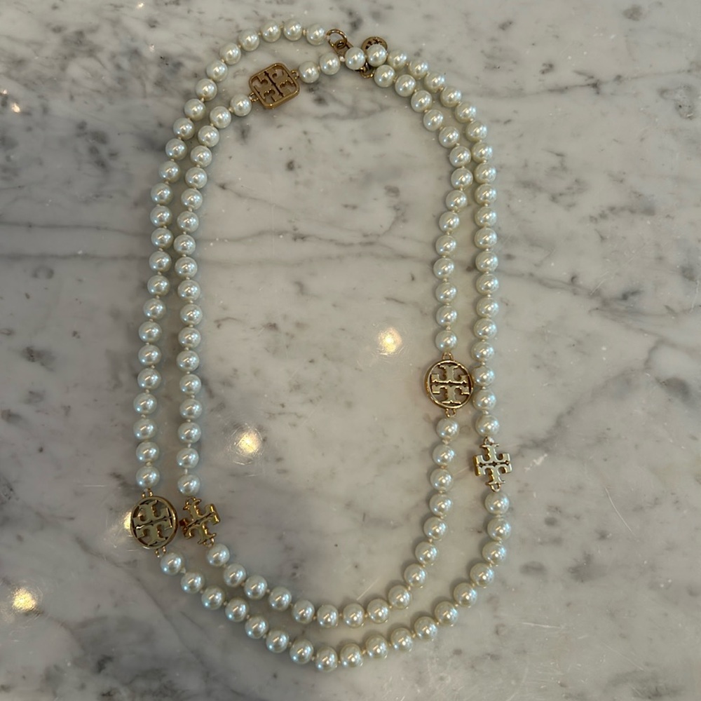 Tory Burch Gold Plated Beaded Long Pearl Station Chain Necklace